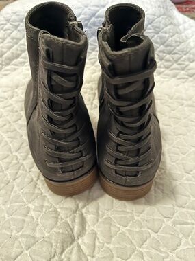 Cute Gray faux suede ankle boots w/ braided heel detail